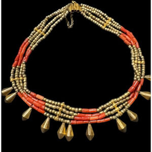 Red Coral Four Strand Bedouin Tribal Brass Bead Festoon Vintage Estate Necklace